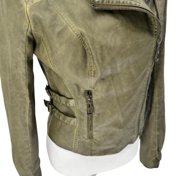 Blanc Noir Green Faux Leather Zip Front Moto Jacket Medium - Picture 4 of 7